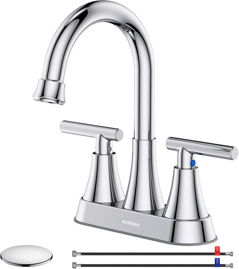 Hurran Bathroom Faucets for Sink 3 Hole, 4 inch Chrome Bathroom Sink Faucet with Pop-up Drain and Supply Hoses, Stainless Steel Lead-Free 2-Handle Centerset Utility Faucet for Sink Vanity RV - Image 1